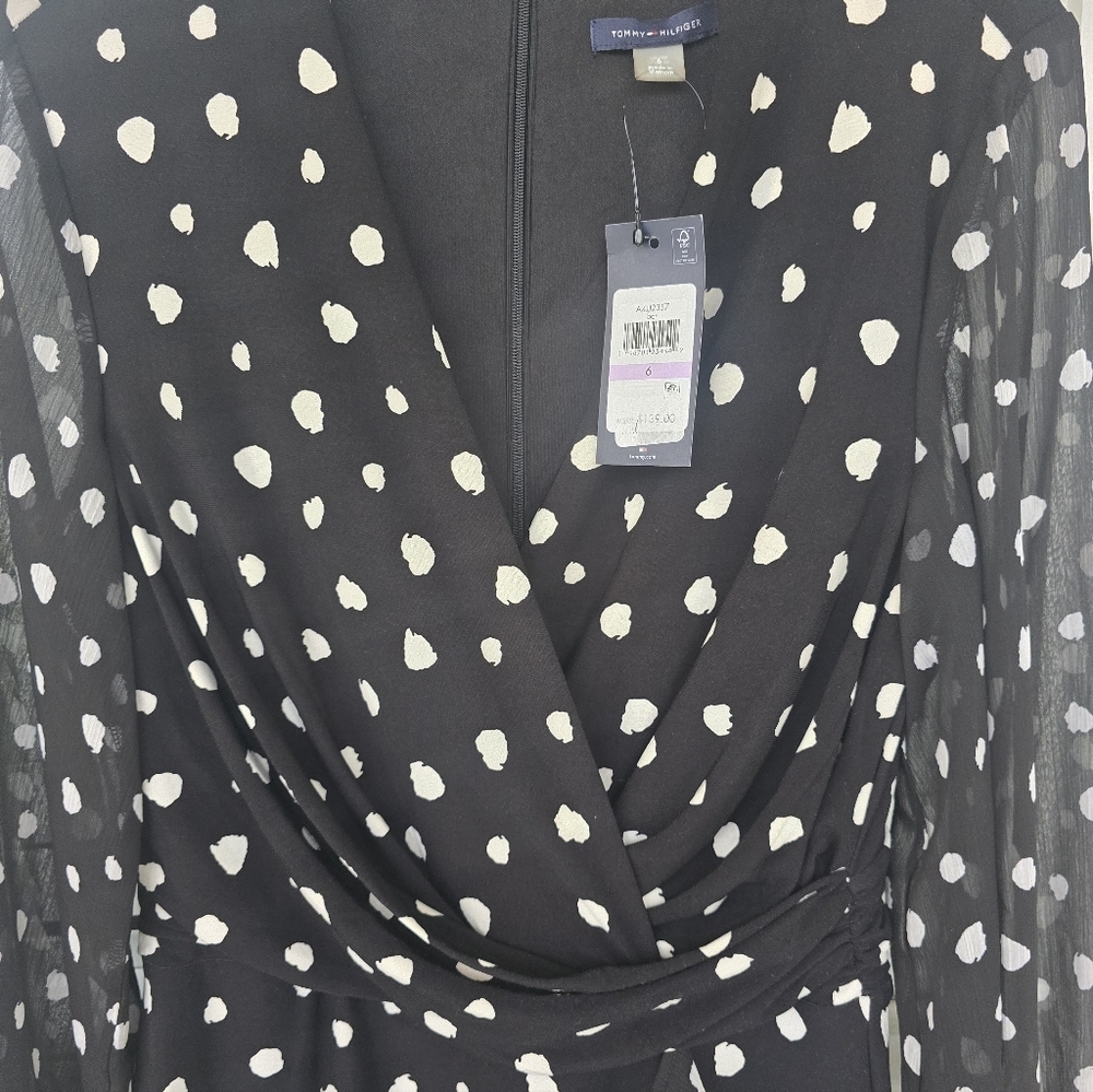 Tommy Hilfiger Polka Dot Faux-Wrap Dress Sz 6 Long Sleeves Sheer Strecty - Picture 10 of 13